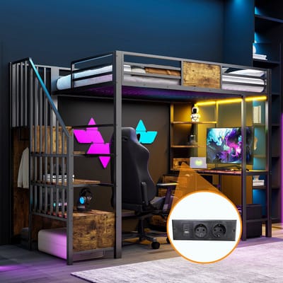 MODFU - Hoogslaper - Met Bureau En Opbergvakken - Modern - Ruimtebesparend - Metaal - Zwart - 90 X 200 Cm