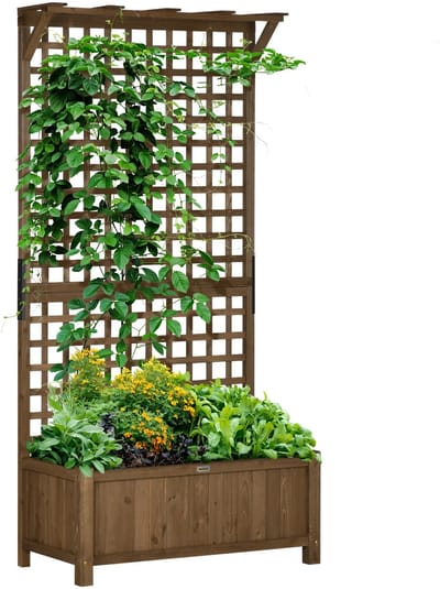 Plantenbak met klimrek - Bloembak - Weerbestendig - Met trellis - Buiten - Hout - Plantenrek - Rechthoekig - Koffie