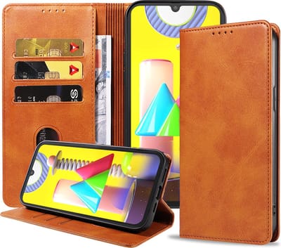 Smartphonica Samsung Galaxy M31 leren hoesje met magnetische sluiting en pashouders book case – Bruin geschikt voor Samsung Galaxy M31