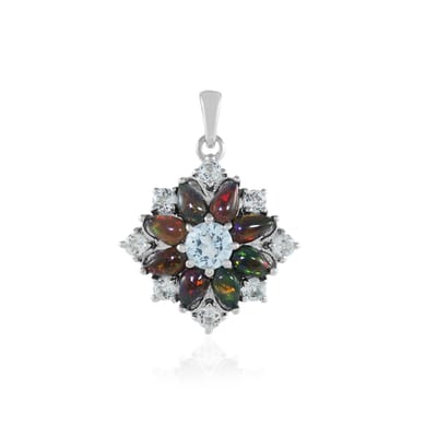 Cavill - Zilveren Hanger - 925 Sterling Zilver Geplatineerd - 8 Mezezo Opaal 1,2 ct & Hemelsblauwe Topaas 2,366 ct - Peervorm Bloem Design