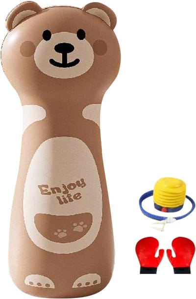 Opblaasbare Bokszak - Kinderen Boksbal - Actieve Spelletjes - Inclusief Handschoenen Pomp - 119 cm Hoog - Bruine Beer