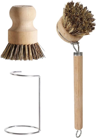 Houten afwasborstel met 1 vervangende borstelkop en afdruiprek, ideaal voor het reinigen van pannen, borden en keukengerei met natuurlijke vezels