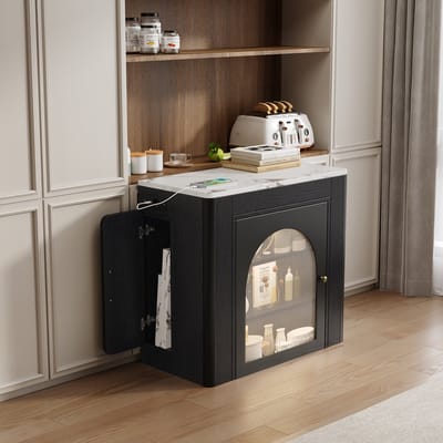 Keukeneiland op wielen, uitschuifbare eettafel met afneembaar tafelblad, verrijdbare serveerwagen met stopcontacten, te gebruiken als dressoir, bijzettafel of bartafel voor keuken en eetkamer (zwart)