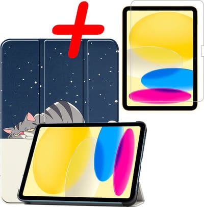 Hoesje Geschikt voor Apple iPad 10 (2022) - 10.9 inch - 10e Generatie - Met Screenprotector - Trifold Bookcase - Hard Cover - Hardcover Book Case - Tablet Hoes - Kat