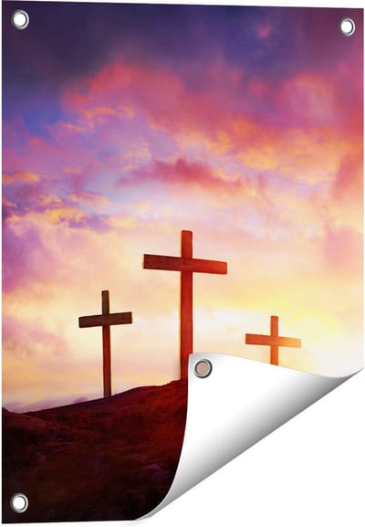 Gards Tuinposter Kruisiging van Jezus Christus - Drie Kruisen - 40x50 cm - Tuindoek - Tuindecoratie - Wanddecoratie buiten - Tuinschilderij