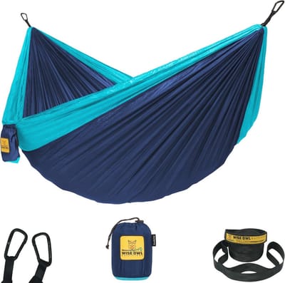 Enkele en dubbele camping hangmat voor buiten backpacken - Draagbare lichtgewicht parachute nylon hangmat in navy en lichtblauw