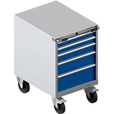 Schäfer Shop Select Verrijdbare gereedschapskast WSK 27-36, 5 laden, H 920 mm, enkele vergrendeling, staal, 200 kg max. belasting, wit aluminium/gentiaanblauw