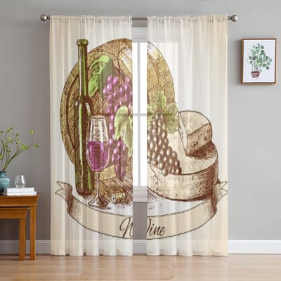 Gekleurde Wijn Kaas En Brood Vintage Decoratieve Tule Transparante Gordijnen voor Woonkamer Keuken Decoratie Voile Organza Gordijnen 135W x 114H(cm) white