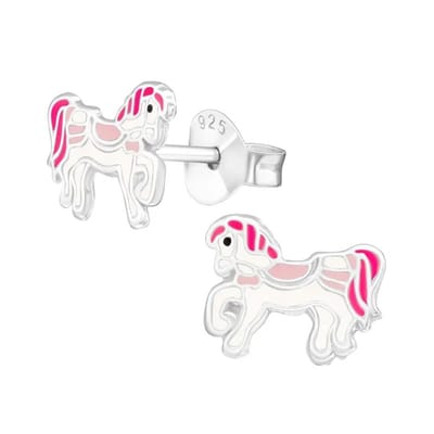 Aramat Jewels | Oorbellen | Zilveren Paarden Oorbellen - Wit/Roze Emaille | | | |9mm | Zilver | Kinderen | Verkleurd niet