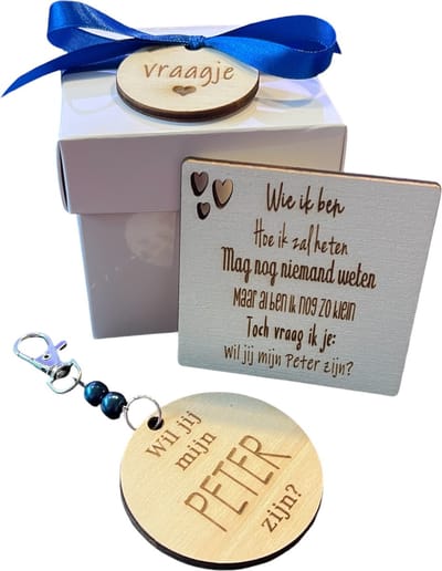 Cadeaudoosje Wil jij mijn PETER zijn? | BLAUW | wie ik ben | sleutelhanger | peter vragen | peter worden | peetoom vragen | peetoom worden | cadeau | doosje met een vraag | geschenkbox
