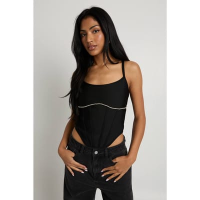 boohoo Dames Geweven korset met diamantenaccent | Black | Maat: 8