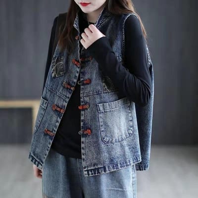 Gilet en denim polyvalent pour femmes Printemps et Automne Grande taille Vent ethnique Boucle à bobine Vêtement d'extérieur décontracté XXXXXL bleu