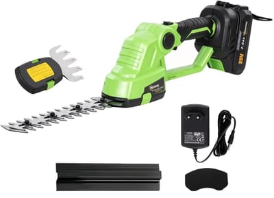 2-in-1 Accu Heggenschaar - Heggen- en Struiktrimmer - Elektrische Grasschaar - met 18V 2.0Ah Accu & Lader - Draadloze Snoeischaar - Heggenknipper - Tuingereedschap voor Struiken, Hagen en Planten - Groen + Zwart