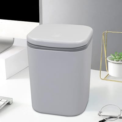 Mini Model C3 prullenbakje - grijs - kunststof - met klepdeksel - Gratis 10 rollen mini vuilniszakjes - keuken aanrecht/tafel model - 1,5 Liter