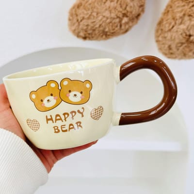 Schattige Beer Beker Dier Mok met Deksel Lepel Ins Stijl Meisjes Keramische Mok Set Ontbijt Mok Kantoor 350ML