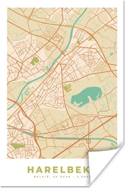 Poster Retro - Kaart - Plattegrond - Harelbeke - Stadskaart - 120x180 cm XXL