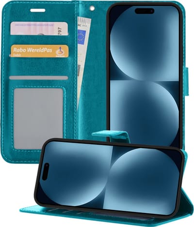 Hoesje - Geschikt voor Apple iPhone 15 - Luxe Bookcase - Walletcase Hoes - Portemonnee - Cover - Telefoonhoes - Turquoise