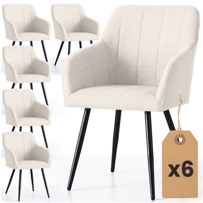 Set van 6 Eetkamerstoelen LUXANO met Armleuningen / Gestoffeerde Stoelen en Metalen Poten / Lumos-stof / Crème kleur met zwarte benen