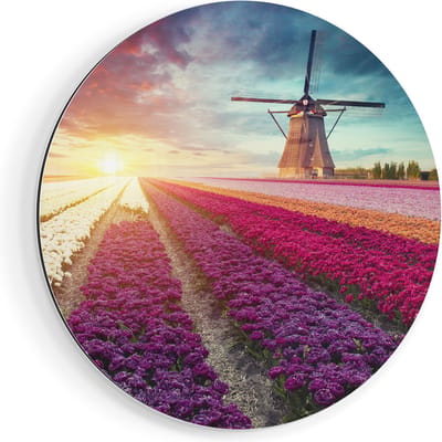 Artaza Dibond Muurcirkel Kleurrijke Tulpen Bloemenveld - Windmolen - Ø 70 cm - Wandcirkel - Rond Schilderij - Voor Binnen en Buiten