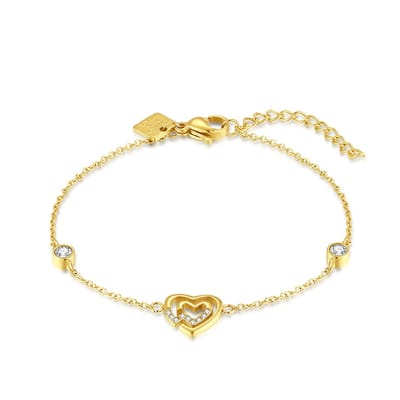 Twice As Nice Armband in goudkleurig edelstaal, dubbel hartje, steentjes 16cm+3cm