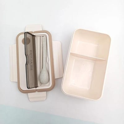 Compartiment Lunchbox Plastic Draagbare Lunchbox Studenten Kantoor Bento Box Magnetron Voedselcontainers met Stokjes en Lepel beige