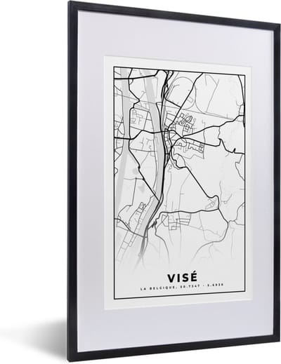 Fotolijst incl. Poster Zwart Wit- België – Visé – Stadskaart – Kaart – Zwart Wit – Plattegrond - 40x60 cm - Posterlijst