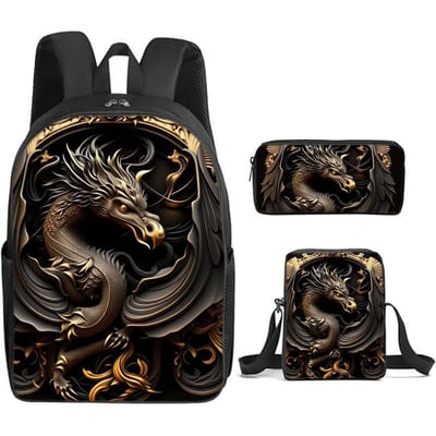 Sac à dos imprimé Dragon en métal 3 pièces/ensemble avec Sacs bandoulière, Trousses à crayons pour Garçon/Fille Meilleur Cadeau Sacs d'école Cartoon pour Étudiant