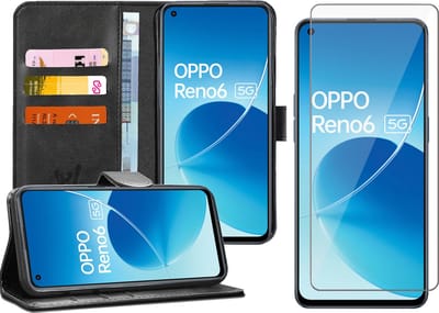 Hoesje geschikt voor Oppo Reno 6 - Screenprotector Glas - Portemonnee Book Case Zwart