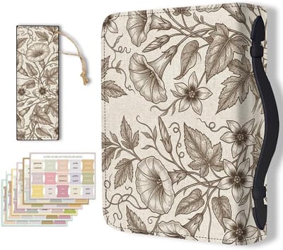 Bruine bijbeltas met bloemenprint en bladwijzer voor 20 x 28 x 6 cm - Draagtas voor mannen en vrouwen, ideaal voor christelijke notitieboeken en accessoires