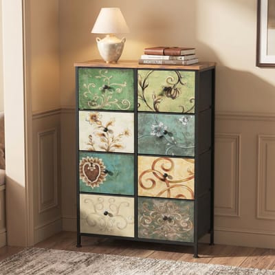Commode met 8 Laden voor de Slaapkamer, Dressoir, Kast in Industriële Stijl, Houten Blad, Metalen Frame, Stoffen Laden, voor de Woonkamer, Kinderkamer, Hal, Rustieke Stijl