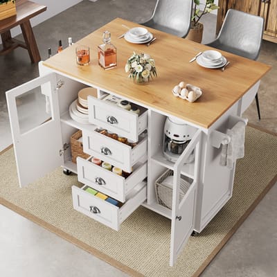 DESMIU Keukeneiland - Opvouwbaar Werkblad Met Veel Opbergruimte - Voor Keuken En Eetkamer - MDF En Metaal - Wit - 137,9 X 73 X 92,5 Cm