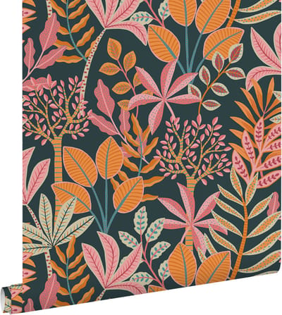 ESTAhome behang bladeren oranje, roze en donkerblauw - 50 x 900 cm - 130993