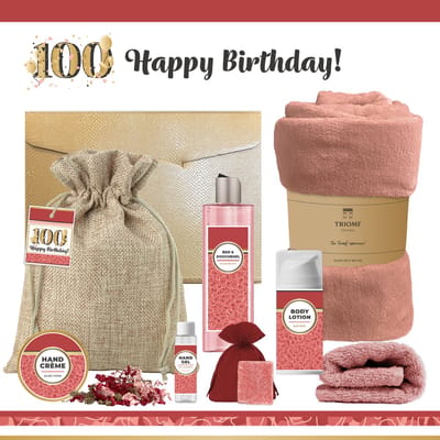 Geschenkset “100 Jaar Happy Birthday!” - 8 producten - 1210 gram - Triomf Cosmetica | Cadeau Verjaardag Vrouw Luxe wellness cadeaubox Giftset voor Haar Gefeliciteerd Verjaardag honderd jaar Cadeaupakket Gift Set Party Verjaardagscadeau Goud Roze