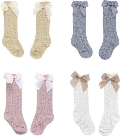Joya Kids® Baby sokken met strik | Set van 4 kleuren | Vintage stijl Lange gebreide sokken | Beige, Roze, Grijs en Crème meisjes sokken | Met Mooi Strikje | Set van 4 Paar | Maat S | 0-1 Jaar
