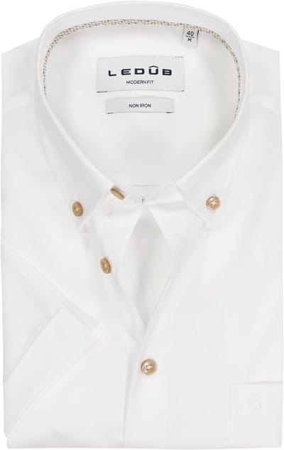 Ledub modern fit overhemd - korte mouw - popeline - wit - Strijkvrij - Boordmaat: 40 (EU maat: M)