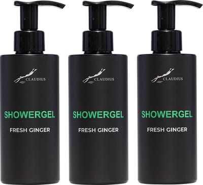 Showergel Fresh Ginger 300 ml - met pomp - zwarte fles - set van 3 stuks - Douchegel - Voordeelverpakking