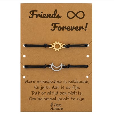 Vriendschapsarmbandjes voor 2 " Friends Forever ∞" - Zon & Maan - BFF Armbandjes met Persoonlijk Cadeau Kaartje - Zilverkleurig & Goudkleurig - Elastisch Verstelbaar - Pax Amare
