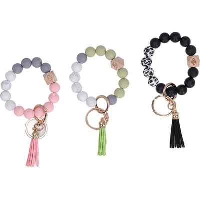 3Pcs Bracelet Porte-clés Perles en Silicone Porte-clés Métallique Style Pompons Bracelet Perlé pour Sac à Main Maison gray