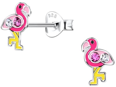 Joy|S - Zilveren flamingo oorbellen - 8 x 5 mm - magenta roze met zacht roze en geel - kristal - kinderoorbellen - vogel