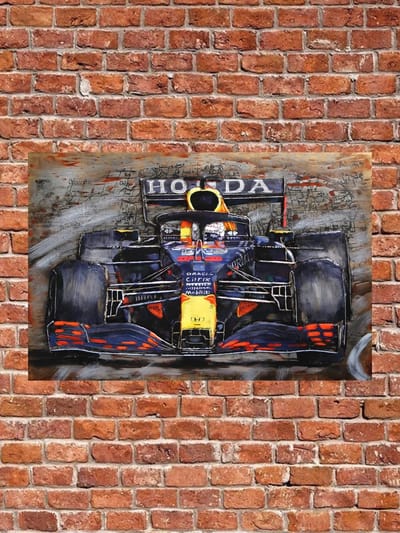 Metalen 3D schilderij F1 Max Verstappen Honda 80 cm x 120 cm - schilderij - metal - muurdecoratie - wall - deco - kunst - wanddecoratie - metaal - wandschilderij - decoratief - interieur - cadeau - geschenk - gift - verjaardag - kerst - nieuwjaar
