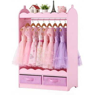 VEVOR Kinderkledingkast 604x339x1080mm, Kinderkledingkast met spiegel, kledingstang en planken, Kleedkamerkast van MDF met stoffen lades voor meisjes, Kinderkledingkast voor verkleedpartijen, Slaapkamer, Roze