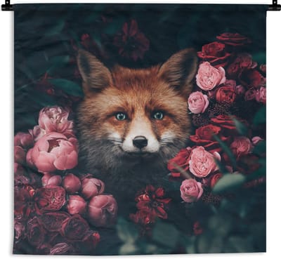Wandkleed - Wanddoek - Vos - Bloemen - Botanisch - Dieren - 180x180 cm - Wandtapijt