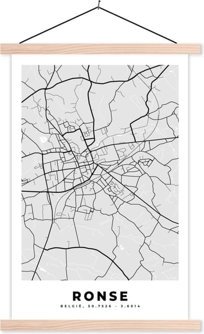 Posterhanger incl. Poster 40x60 cm - Schoolplaat - Plattegrond – Ronse – Zwart Wit – Stadskaart - Kaart - Textielposter - Blanke latten - Stadskaart