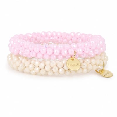 Lajetti - Glaskralen Armband en Haarelastiek Set - Roze en Champagne - 2 Stuks - Cadeauset Dames