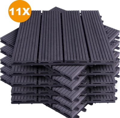 Happyment Vlondertegel 11 stuks - Terrastegel Antraciet - Terrasplanken - Tuintegel - Balkon, buiten vloer - 30x30cm