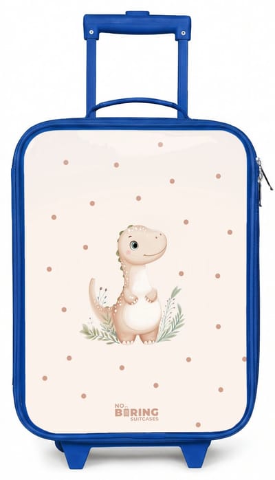 NoBoringSuitcases.com® - Kinderkoffer blauw - Kindertrolley jongen - Beige dino op een stippen achtergrond - Koffer kind lichtgewicht - Reiskoffer trolley voor kinderen - Koffertje met lichtgevende wieltjes - Rolkoffer