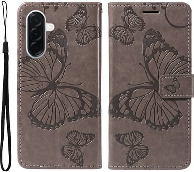 Coverup Hoesje - Geschikt voor Samsung Galaxy A37 Hoesje - Coverup Vlinders Book Case - Taupe Grijs