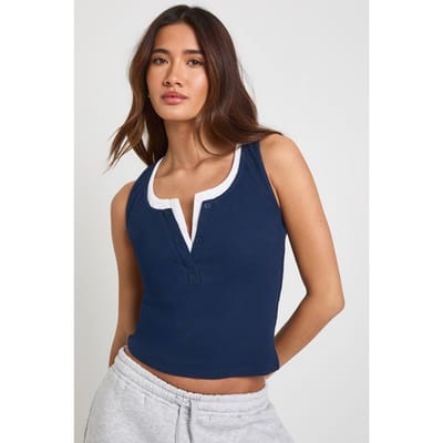 boohoo Dames Geribbelde Contrast Henley Knoop Vest Top | Marineblauw | Maat: 42