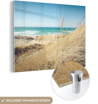 MuchoWow® Glasschilderij 120x90 cm - Schilderij acrylglas - Strand - Duin - Noorwegen - Foto op glas - Muurdecoratie woonkamer - Wanddecoratie slaapkamer - Schilderijen