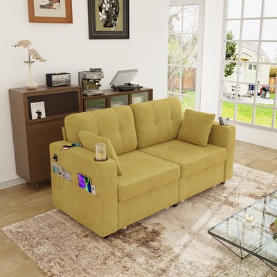 MODENUIT 2-Zitsbank 172 cm - Met USB, Opberglades En Bekerhouders - Voor Woonkamer En Leeshoek - Chenille Okergeel